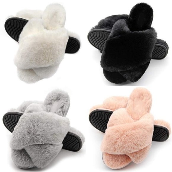 Famiport Shoes - Pretty,White Faux Fur Slide Slippers